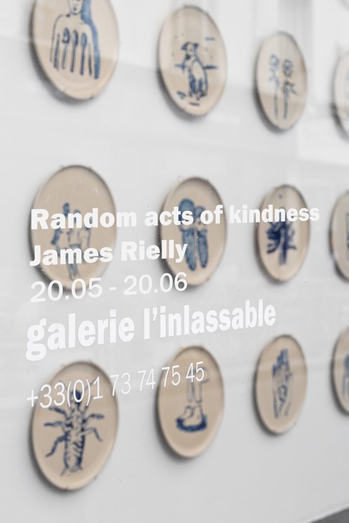 Installation Window view of James Rielly's solo exhibition, Random Acts of Kindness at Galerie l'inlassable. 