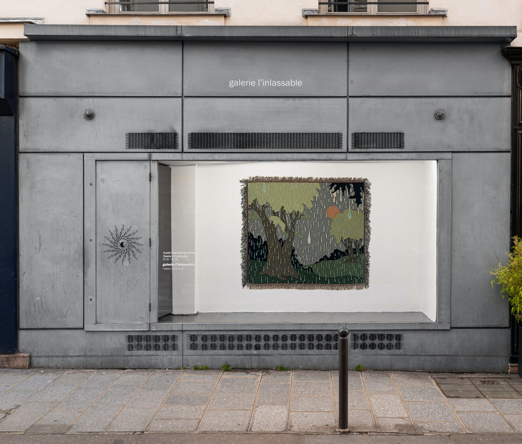Installation window view from Austin Manwaring Jones's solo exhibition, Siesta in Everywhen, at Galerie l'inlassable. Work entitled "Siesta in Everywhen. VII"