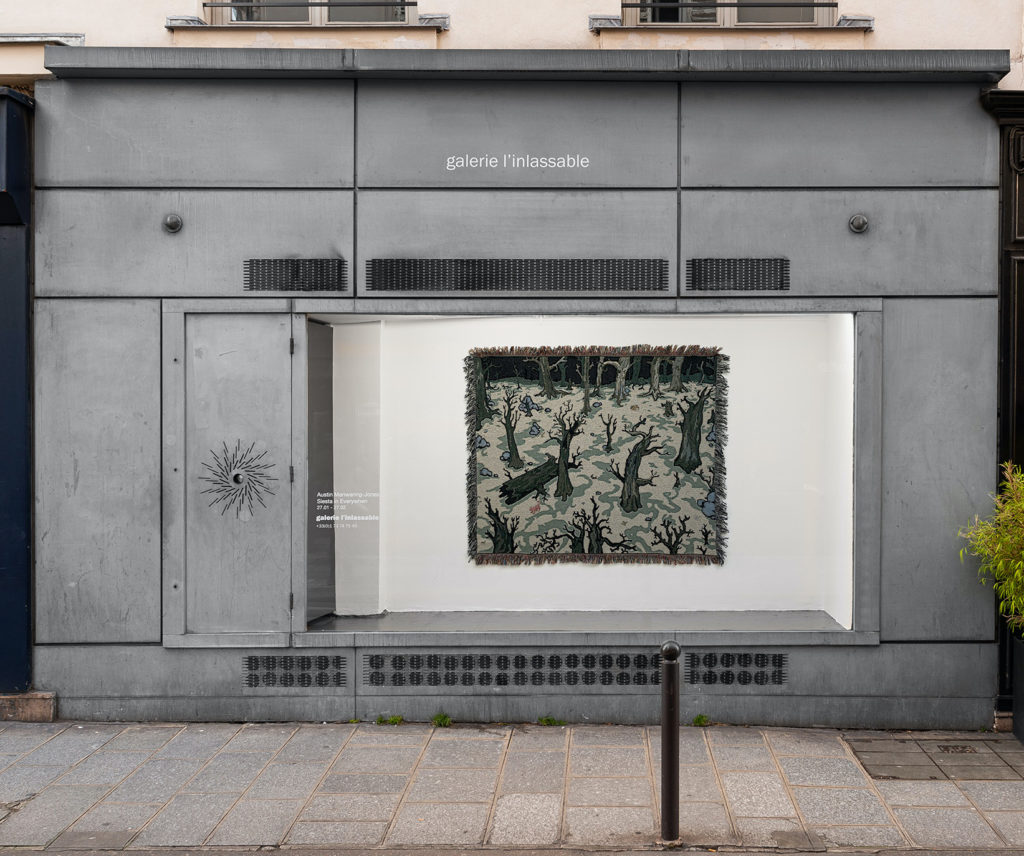 Installation window view from Austin Manwaring Jones's solo exhibition, Siesta in Everywhen, at Galerie l'inlassable. Work entitled "Siesta in Everywhen V."