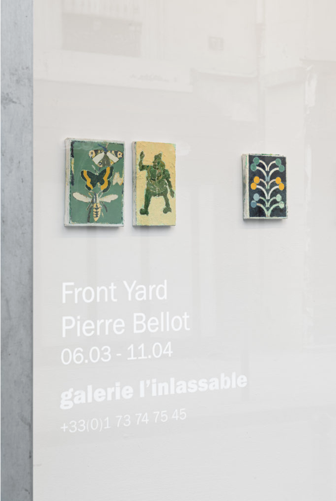 Installation window view of Pierre Bellot's solo exhibition, Front Yard, at Galerie l'inlassable. Works entitled "Trois insectes,""la marionette indienne," and "Plante."