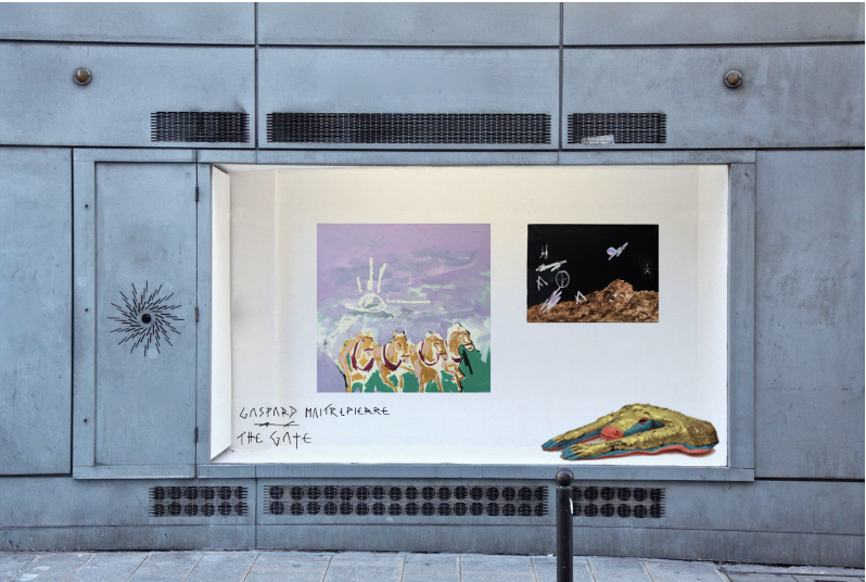 Installation window view of Gaspard Maîtrepierre's solo exhibition, The Gate, at galerie l'inlassable. Works entitled "Golden Pony Gods," "Aux confins de l'espace," and "Pony Boy."