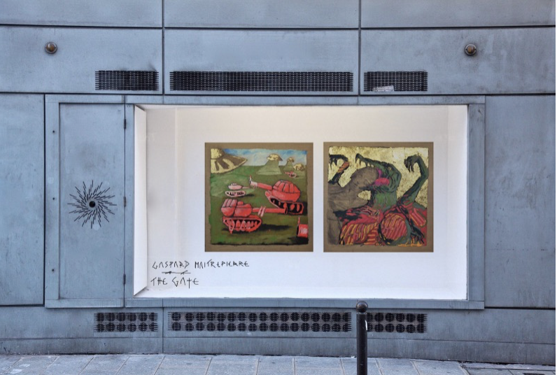 Installation window view of Gaspard Maîtrepierre's solo exhibition, The Gate, at galerie l'inlassable. Works entitled "La guerre des plaines" and "Le monstre cruel."