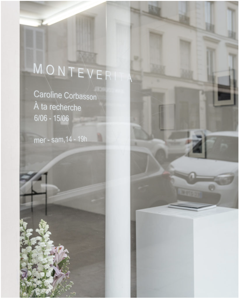 Installation window view of Caroline Corbasson's solo exhibition, à ta Recherche, at Monteverita Galerie.