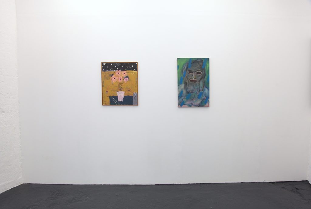 Installation view of Jordy Kerwick and Justin Williams's group exhibition, Classique at galerie l'inlassable. Works entitled "The mystic" and "Untitled."