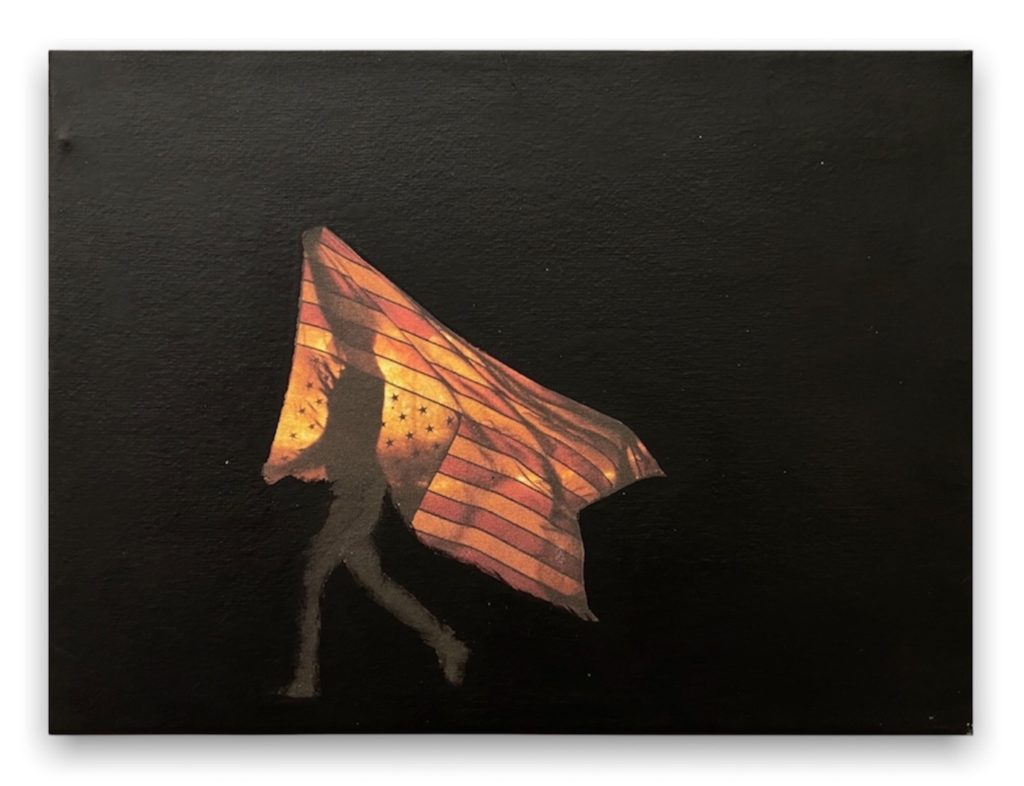 A work entitled "Burning Flag" from Anne Delaporte's solo exhibition, Rébus, at Galerie l'inlassable. 