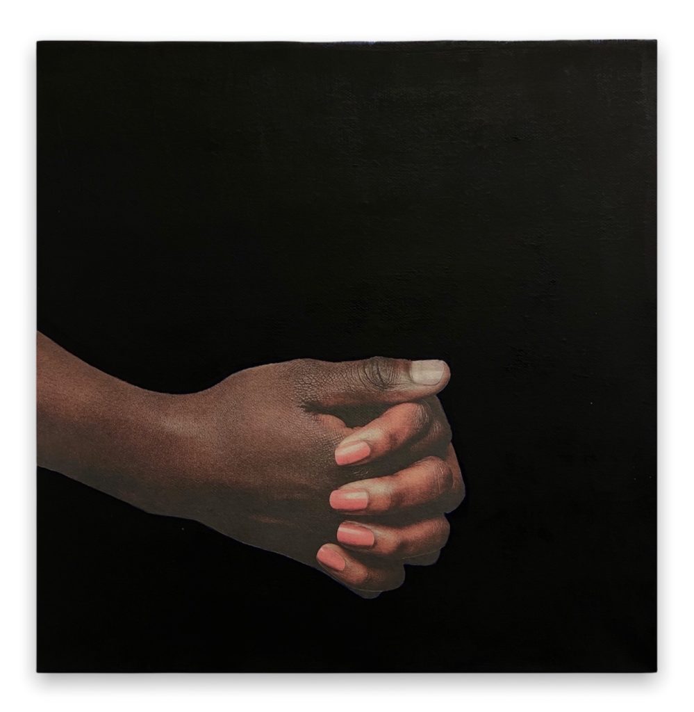A work entitled "2 Hands" from Anne Delaporte's solo exhibition, Rébus, at Galerie l'inlassable. 