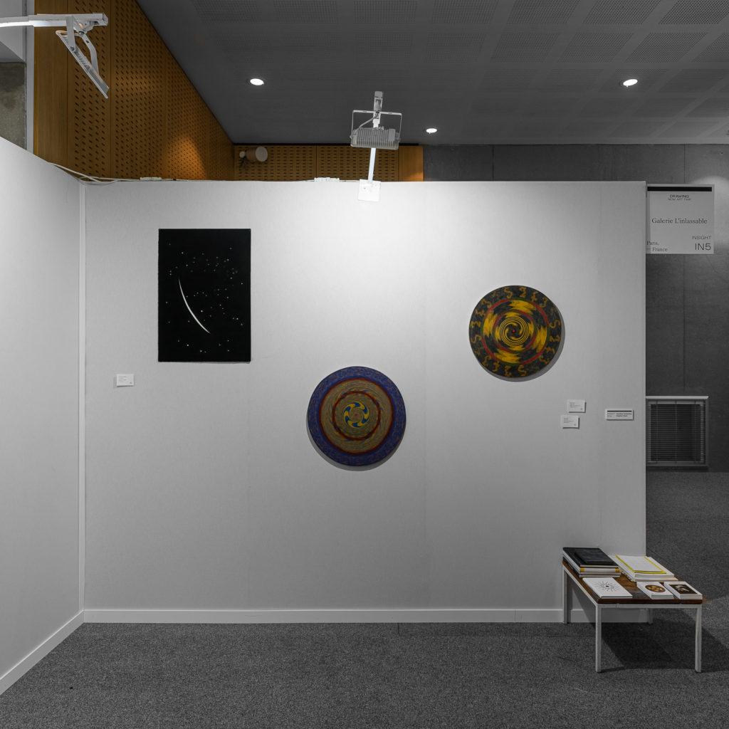 Installation View of Caroline Corbasson and Stephen Dean's for the Drawing Now Art Fair 2022 at Galerie l'inlassable. Works entitled "A V" by Caroline Corbasson and "Target" by Stephen Dean