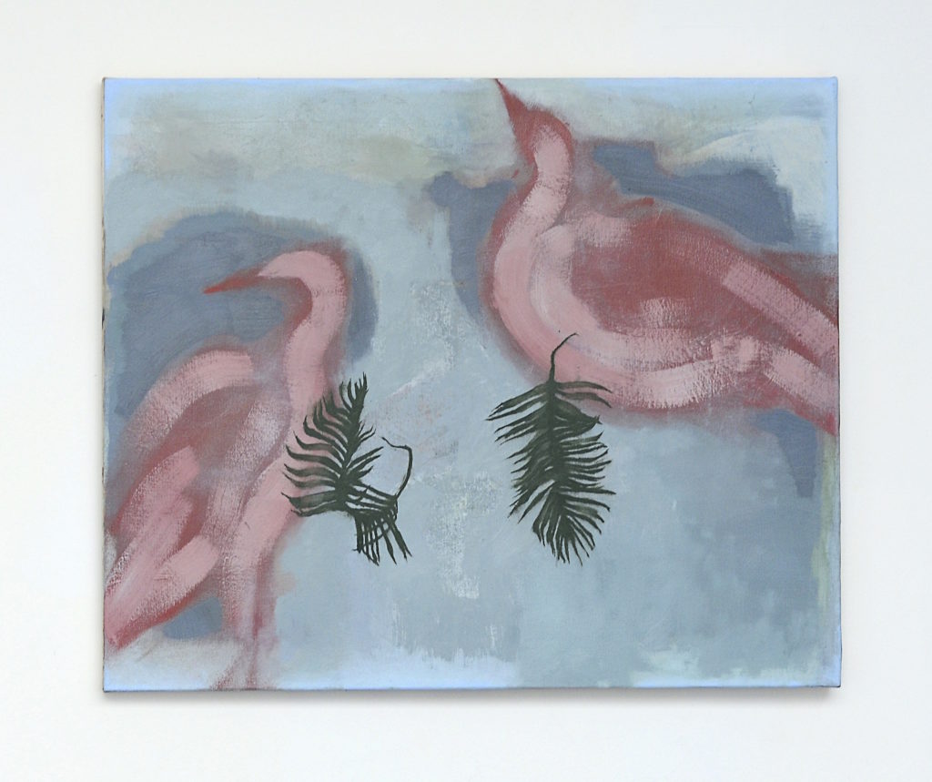 installation view of a work in Simon Martin's solo exhibition, L'été des Autres, at Monteverita Galerie. Work entitled "Les ibis."