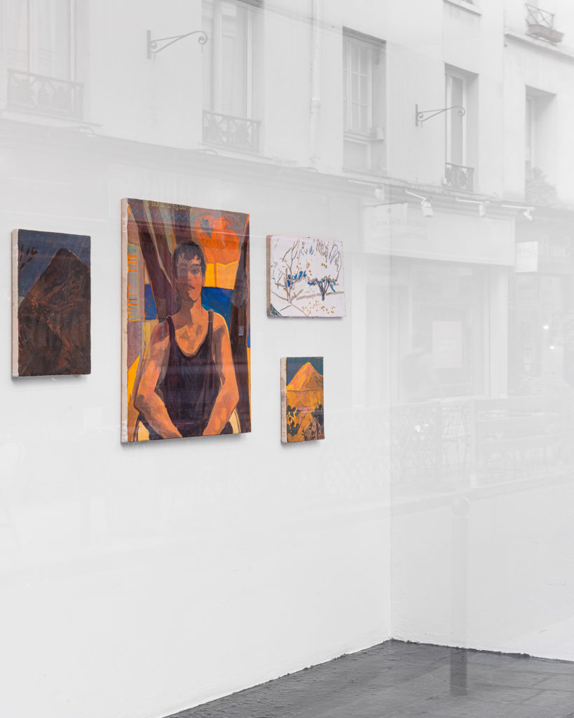 Installation window view of Victor Puš-Perchaud's solo exhibition, entitled Ceci est la couleur de mon coeur, at Galerie l'inlassable. 