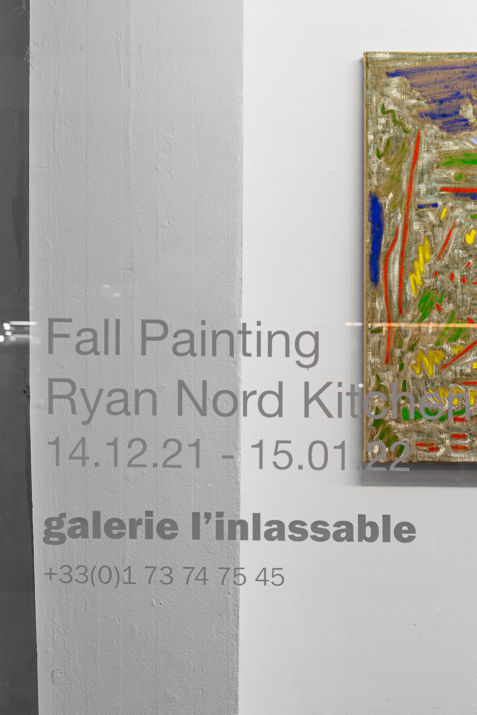Installation window view from Ryan Nord Kitchen's solo exhibition, Fall Paintings, at Galerie l'inlassable. 