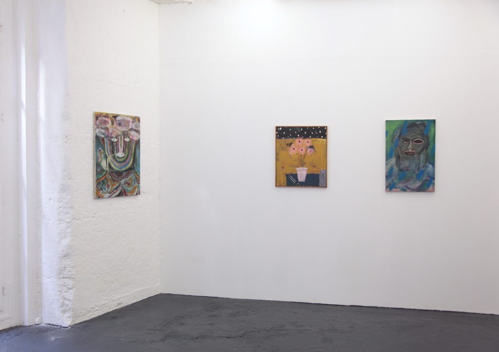 Installation view of Jordy Kerwick and Justin Williams's group exhibition, Classique at galerie l'inlassable. Works entitled "Feeding shadows at night," "The mystic," and "Untitled."