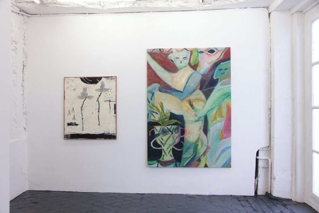 Installation view of Jordy Kerwick and Justin Williams's group exhibition, Classique at galerie l'inlassable. Works entitled "Heroine Rubik's" and "Saint LA."