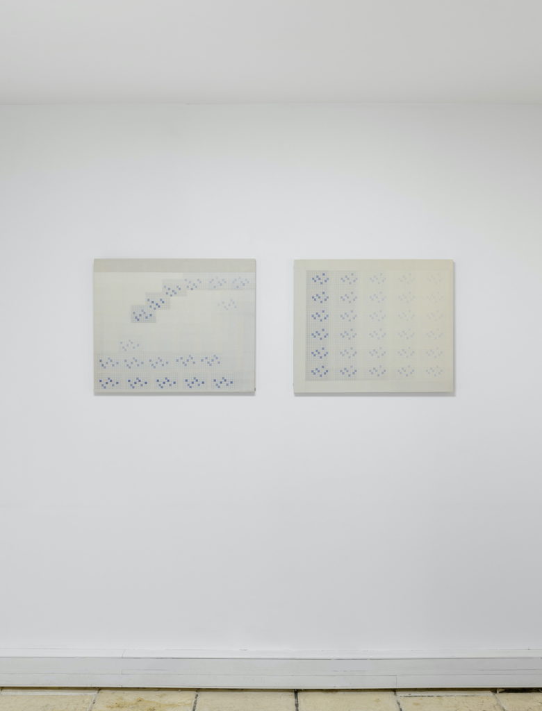 Installation view of Hot Paper, a group exhibition, exhibited at Galerie l'inlassable. Work entitled Quand les mots ne se croisent plus n°1 and n°3 by Kai Chun Chang.