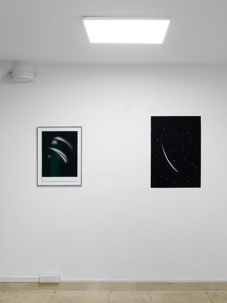 Installation view of Hot Paper, a group exhibition, exhibited at Galerie l'inlassable. Work entitled Axis-1 and A VIII by Carolyn Corbasson