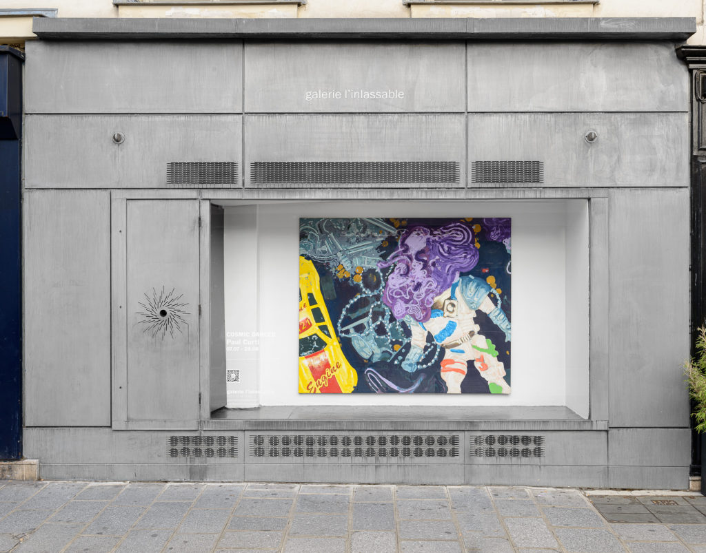 Installation window view of Paul Curti's Cosmic Dancer, exhibited at Galerie l'inlassable. Work entitled Le cosmonaute à tête de choux