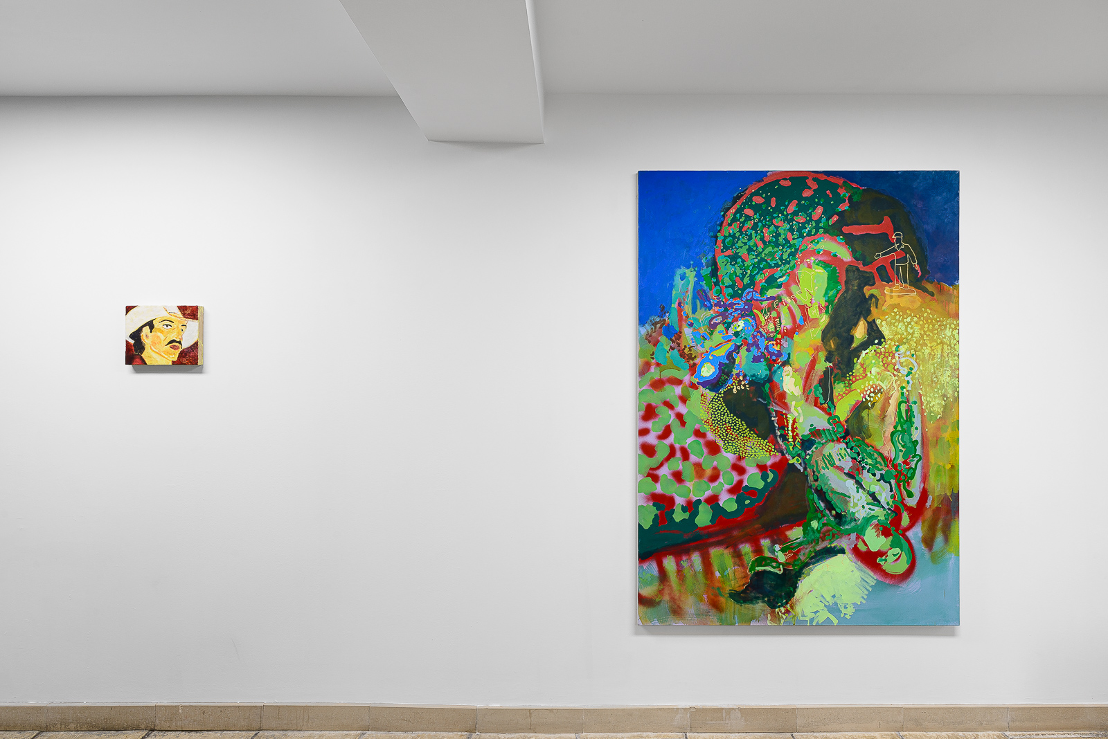 Installation view of Paul Curti's Cosmic Dancer, exhibited at Galerie l'inlassable. Works entitled Cowboy, and La chute de Mister green.