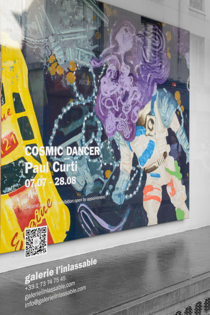 Installation window view of Paul Curti's Cosmic Dancer, exhibited at Galerie l'inlassable. Work entitled Le cosmonaute à tête de choux.