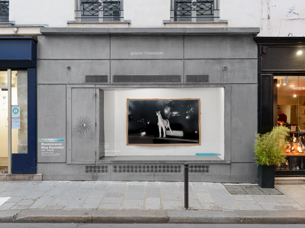 Installation window view of Nina Fiorentini's first solo exhibition, Reminiscienze, at Galerie l'inlassable for Photo Saint Germain 2022. Work entitled "Bersalgio."